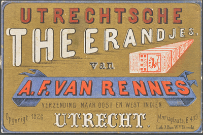 711281 Reclamekaartje voor Utrechtsche Theerandjes van A.F. van Rennes, [Confiseur & Patissier], Mariaplaats E 439 te ...